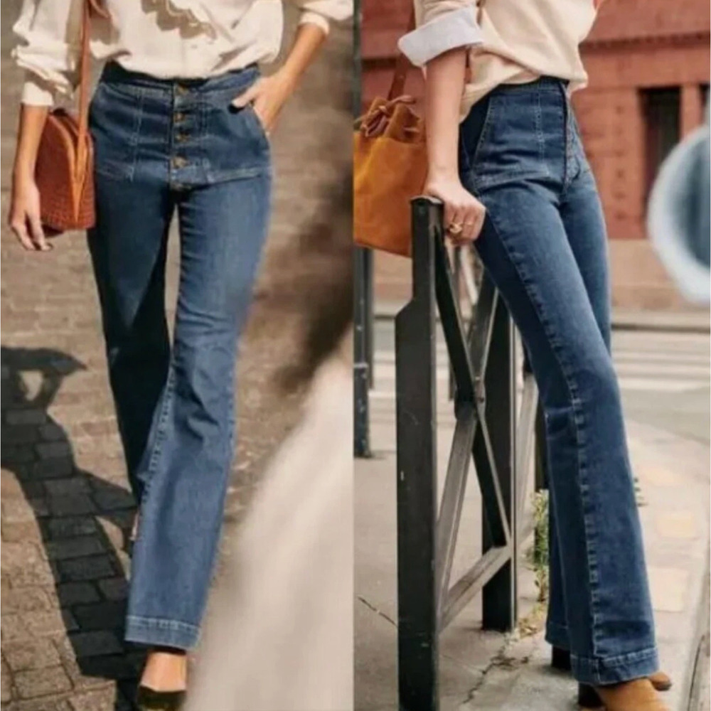 Sezane Tommy Trousers High Rise Button Fly Wide Leg Pockets Jeans Size 36/4